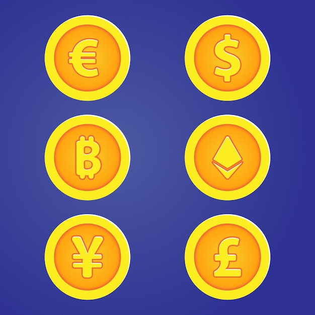 Conjunto de monedas de oro en estilo de diseño plano, dólar, euro, libra, yen, bitcoin y ethereum