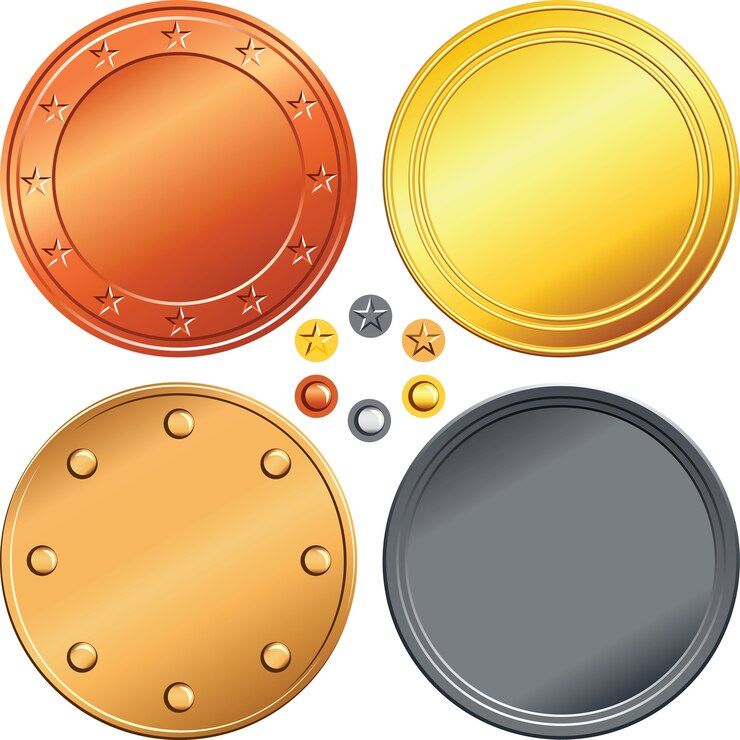 Vector conjunto de monedas de oro, plata, bronce.