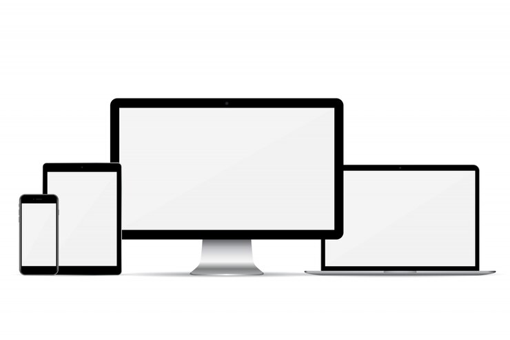 Vector conjunto de monitor de computadora, computadora portátil, teléfono inteligente y tableta con pantalla vacía