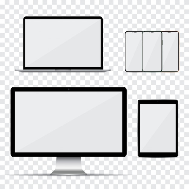 Vector conjunto de monitor de computadora, computadora portátil, teléfono inteligente y tableta con pantalla vacía