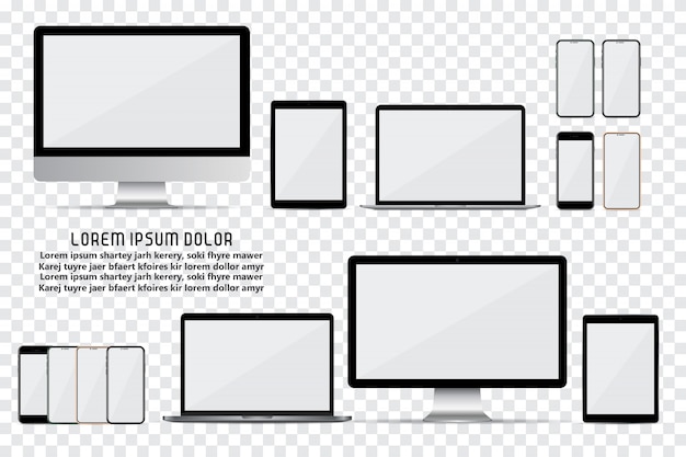 Vector conjunto de monitor de computadora, computadora portátil, teléfono inteligente y tableta con pantalla vacía