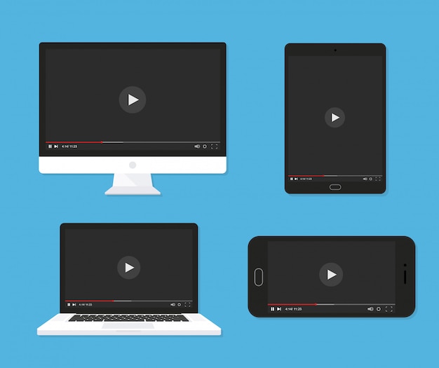 Conjunto de monitor, computadora portátil, tableta, plantilla de reproductor de video para teléfono inteligente