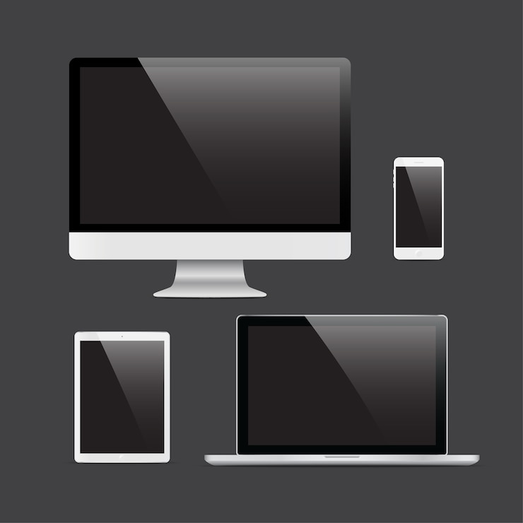 Vector conjunto de monitor de computadora realista, computadora portátil, tableta y teléfono