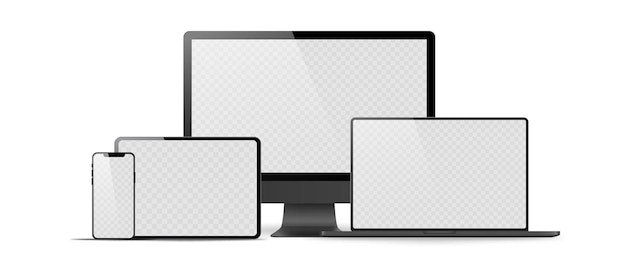 Vector conjunto de monitor realista, portátil, tableta, teléfono sobre un fondo blanco.