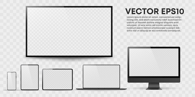 Vector conjunto de monitor realista, portátil, tableta, teléfono sobre un fondo blanco.