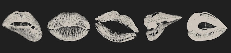 Vector conjunto monocromático granulado de labios de una mujer sexy con un efecto de fotocopia retro en color negativo