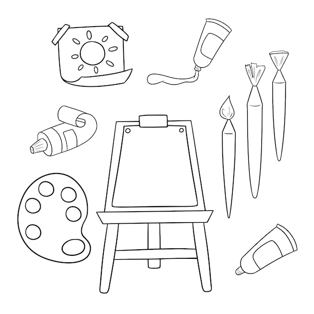 Conjunto monocromático de herramientas de iconos para tubos de creatividad visual de pincel de pinturas y dibujos animados de vector de caballete