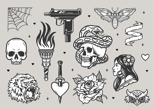 Conjunto monocromático de tatuajes vintage con calaveras antorcha ardiente gorila cabezas de búho cabeza de muerte polilla mujer bonita telaraña pistola UZI rosa con corazón de ojo perforado con daga