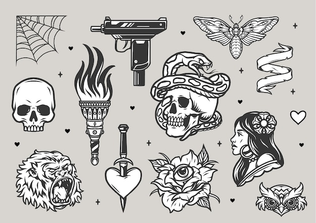 Vector conjunto monocromático de tatuajes vintage con calaveras antorcha ardiente gorila cabezas de búho cabeza de muerte polilla mujer bonita telaraña pistola uzi rosa con corazón de ojo perforado con daga