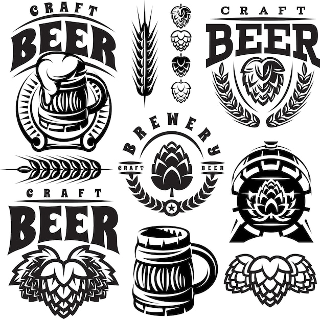 Conjunto monocromático vectorial de ilustraciones signos elementos de diseño para el diseño del tema de la cerveza