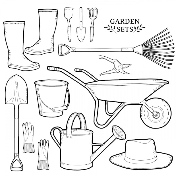 Conjunto monocromo de herramientas de jardín.
