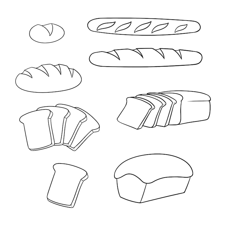Vector conjunto monocromo de iconos varios panes de trigo y pan de centeno para tostadas de dibujos animados vectoriales
