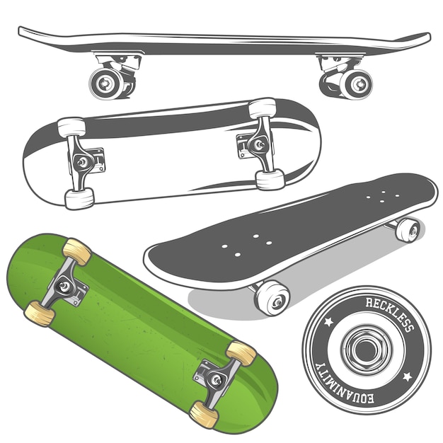 Conjunto de monopatines desde diferentes ángulos y rueda de skate detallada.