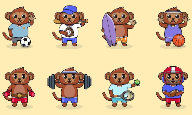 Conjunto de monos con uniforme y usando equipo deportivo
