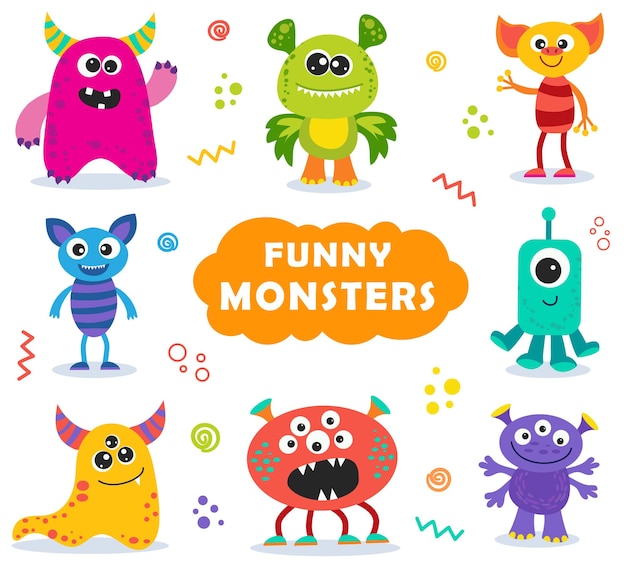 Conjunto de monstruos divertidos en la ilustración de vector de estilo de dibujos animados para niños