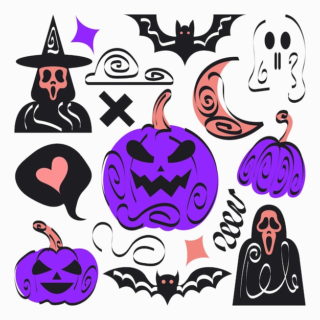 Conjunto de monstruos de Halloween que llevan calabazas y letreros