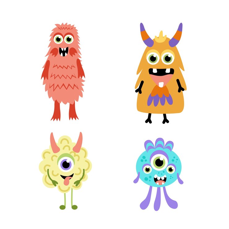 Vector conjunto de monstruos lindas caras alegres y coloridas de monstruos personaje de dibujos animados plano ilustración vectorial aislada eps 10