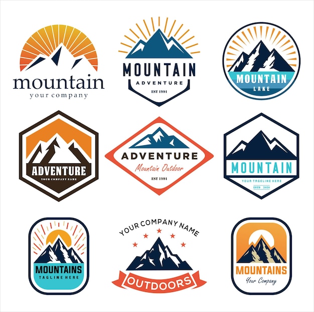 Conjunto de montaña para aventura al aire libre Emblema Inspiración en el diseño del logotipo Senderismo montaña vintage