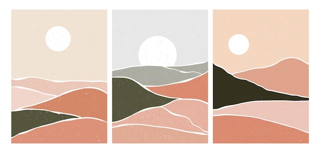 Conjunto de montaña. ilustraciones minimalistas creativas pintadas a mano de arte moderno de mediados de siglo. fondo de paisaje abstracto natural