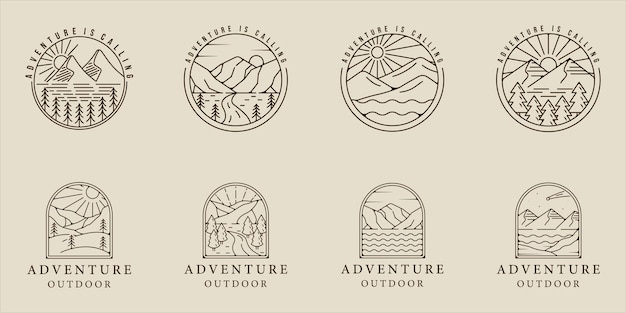 Conjunto de montaña y lago logo línea arte vector simple ilustración minimalista plantilla icono diseño gráfico paquete colección de varias aventuras y al aire libre signo o símbolo para negocios de viajes