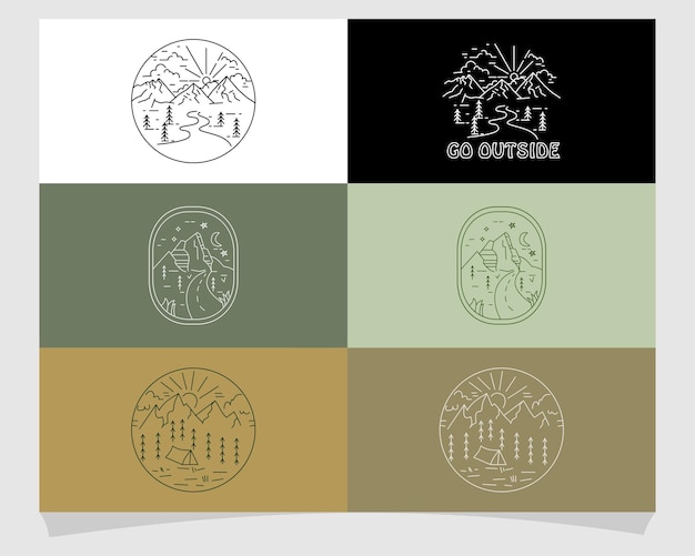 Conjunto de montaña mono línea o estilo de arte de línea al aire libre naturaleza vector ilustración insignia diseño plantilla