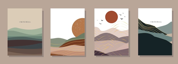 Conjunto con montañas y abetos. El concepto de naturaleza y viajes. Dibujos vectoriales redondos.