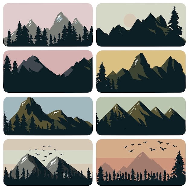 Vector conjunto de montañas vectoriales y siluetas forestales