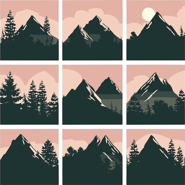 conjunto de montañas vectoriales y siluetas forestales