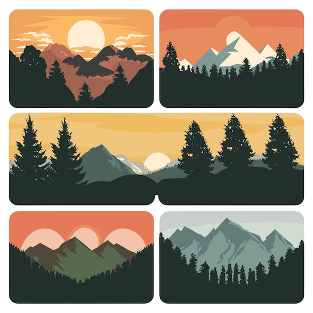 Vector conjunto de montañas vectoriales y siluetas forestales