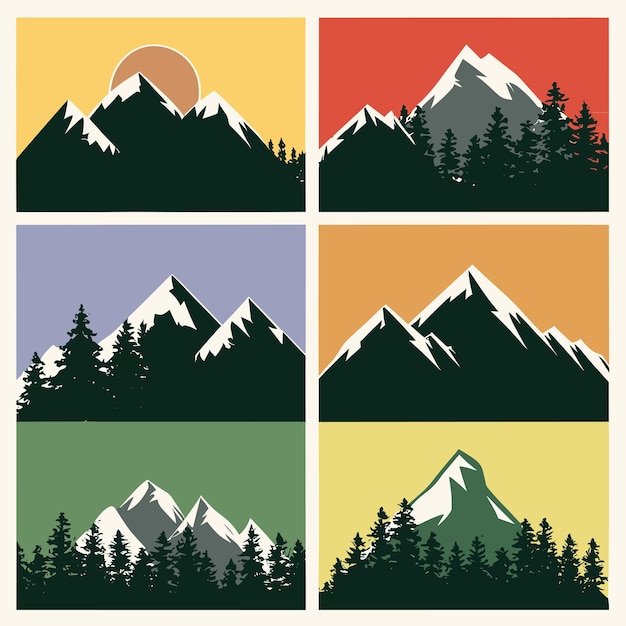 conjunto de montañas vectoriales y siluetas forestales