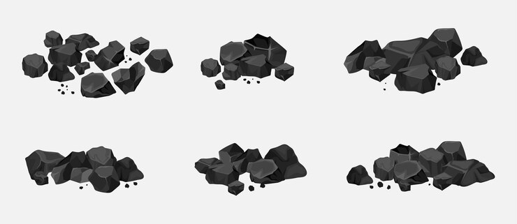 Vector conjunto de montones de carbón térmico aislado icono de dibujos animados vectorial dibuyos animados dispersos minería de energía de carbón