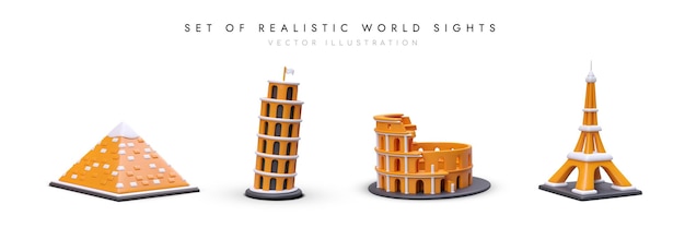 Vector conjunto de monumentos arquitectónicos realistas del mundo colección de iconos 3d con sombras edificios destacados de europa y áfrica ilustraciones a color para diseño web de páginas turísticas