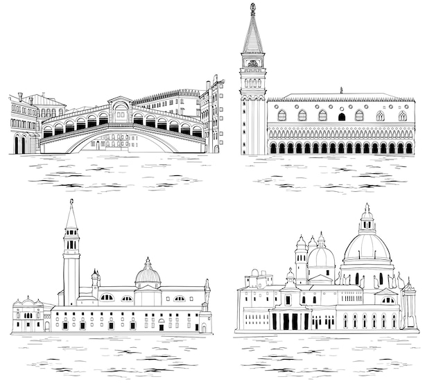 Vector conjunto de monumentos y atracciones turísticas de venecia