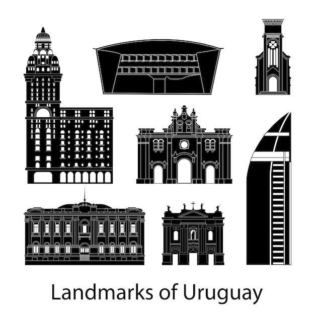 Vector conjunto de monumentos famosos de uruguay por estilo de silueta