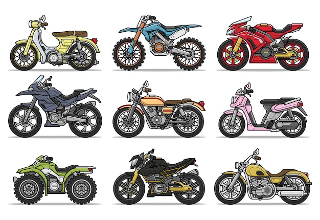 Conjunto de motocicleta de ilustración de dibujos animados lindo