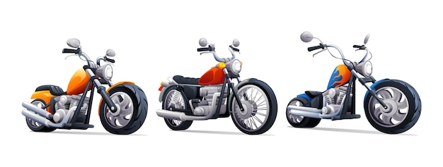 Conjunto de motocicletas clásicas ilustración de dibujos animados vectoriales aislados en fondo blanco