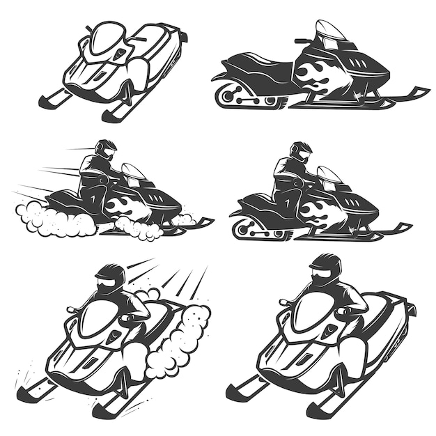 Conjunto de motos de nieve sobre fondo blanco. Elementos para logotipo, etiqueta, emblema, signo. ilustración