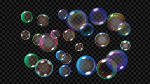 Conjunto de muchas burbujas de jabón arco iris translúcidas aisladas en un fondo transparente Para uso en ilustraciones oscuras Transparencia solo en formato vectorial