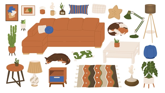 Conjunto de muebles y artículos de interior para la sala de estar Diferentes objetos acogedores Plantas animales almohadas y muebles Ilustración vectorial aislada sobre un fondo transparente