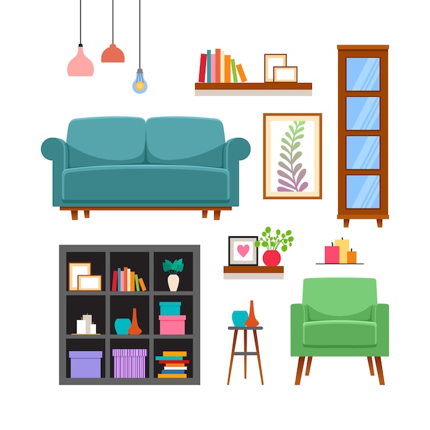 Vector conjunto de muebles y complementos para el hogar.