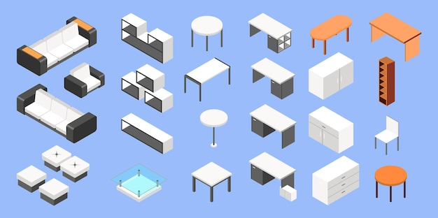 Conjunto de muebles Conjunto isométrico de objetos de sala de estar Sofás sillas sillones mesas y taburetes Elementos de sala interior