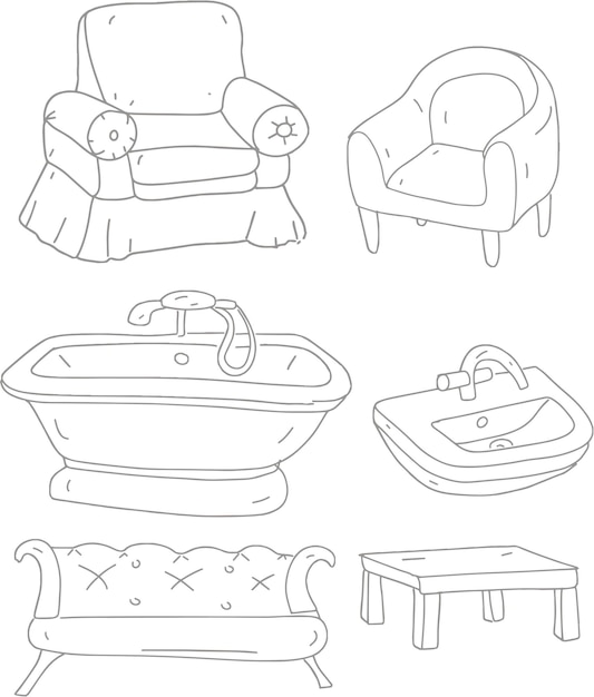 Conjunto de muebles dibujado a mano boceto lindo dibujos animados sofá silla mesa bañera fregadero