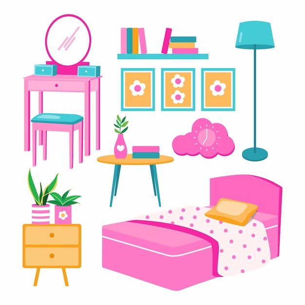 Vector conjunto de muebles de dormitorio coloridos accesorios ilustración vectorial de elementos