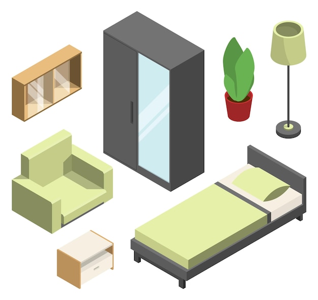 Conjunto de muebles de dormitorio Elementos isométricos para el hogar moderno.