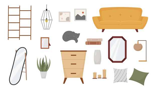 conjunto de muebles y elementos de decoración colección de artículos interiores sofá planta aparador libros jarrón la