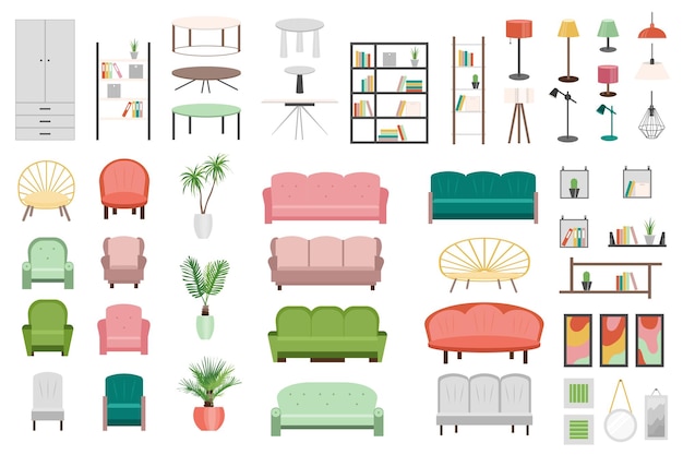 Conjunto de muebles elementos gráficos en diseño plano Paquete de diferentes mesas, lámparas, sillones, plantas, sofás, sillas de decoración y otros artículos para el acogedor interior del hogar. Ilustración vectorial objetos aislados.