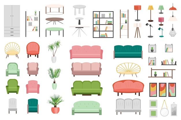 Vector conjunto de muebles elementos gráficos en diseño plano paquete de diferentes mesas, lámparas, sillones, plantas, sofás, sillas de decoración y otros artículos para el acogedor interior del hogar. ilustración vectorial objetos aislados.