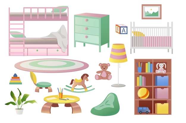 Vector conjunto de muebles para habitaciones infantiles en diseño de dibujos animados planos muebles y decoración para una habitación infantil