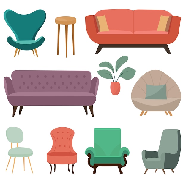 conjunto de muebles para el hogar sobre fondo blanco en vector de estilo plano