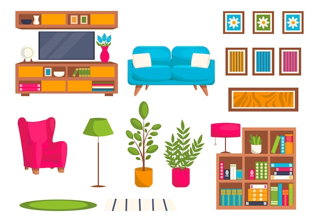 conjunto, de, muebles, y, interior, elementos, sala, vector, gráfico, en, un, fondo blanco